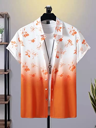 Image of Men's Floral Print Hawaiian Shirt, Short Sleeve Button Down, Orange Ombre Gradient, White
