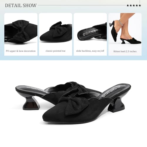 GATUXUS Women's Kitten Low Heels Bow Mules Sandals Pointed Toe Slides Backless Dress Summer Shoes Comfortable4