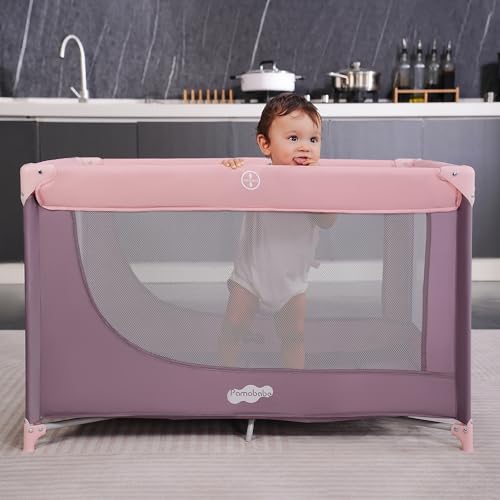 Image of Pamo Babe Compact Pack and Play - Portable Crib for Baby, Lightweight Foldable Travel Playard with Mattress Pad & Carry Bag, Safe Breathable Travel Bed for Home, Trips & Family Visits, Pink