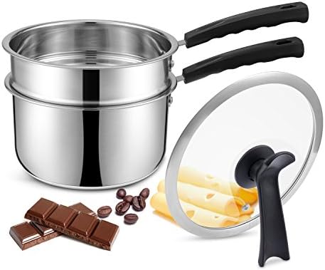 Double Boilers&Classic Stainless Steel Non-Stick Saucepan,Steam Melting Pot for Candle,Butter,Chocolate,Cheese,Caramel and Bonus with Tempered Glass Lid