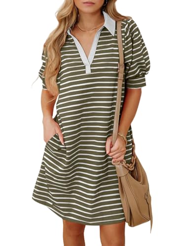 BLENCOT Women's Casual Polo V Neck T Shirt Striped Dress Summer Puff Short Sleeve MIdi Dresses
