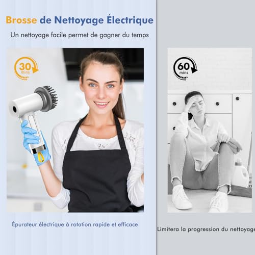 DIHOOM Brosse Nettoyage Electrique, Brosse Rotative Nettoyage avec 5 Têtes de Brosse Remplaçables et 2 Modes Brosse Electrique Nettoyage pour Salle de Bain, Cuisine, Voiture, Fenêtres – Image 5