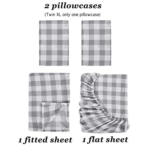 Hig 4 Pcs Washed Microfiber Grey And White Plaid Print Sheet Set, Ultra Soft Geometric Bed Set Fits Up To 14" Deep Pocket, Classic Minimalist Style Buffalo Check Sheet Set For Bedroom, Queen(Check) #TOP4