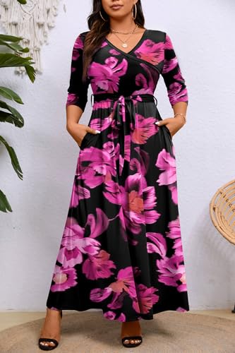 Image of Runwind Plus Size Dress for Women - 3 /4 Sleeve V Neck Maxi Dresses for Women (XL-6XL)