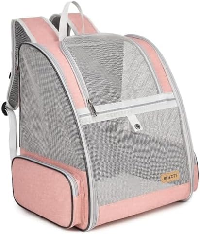 Mochila transportadora para Gatos, Mochila para Perro, ventilar Mascotas, Gatos, Cachorros, pájaros, Conejos, Mochila para Viajes, Uso en Interiores y Exteriores (Rosa)
