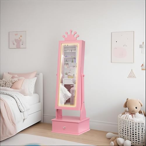 Garvee Kids Jewelry Cabinet with Full-Length Mirror, Freestand Mirror with Storage Drawers, Kids Vanity Dress Up Mirror with Jewelry Organizer, 46" Jewelry Armoire for Bithday/Christmas(Pink)