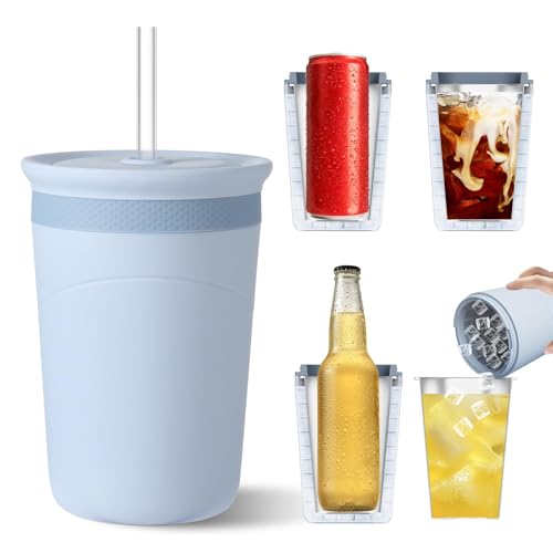 HOMDSG Silicone Ice Cube Maker Cup with Lid and Straw, Mini Ice Tray Mold, Stainless Steel Liner. Gift for Dad Men, 16 oz, Blue