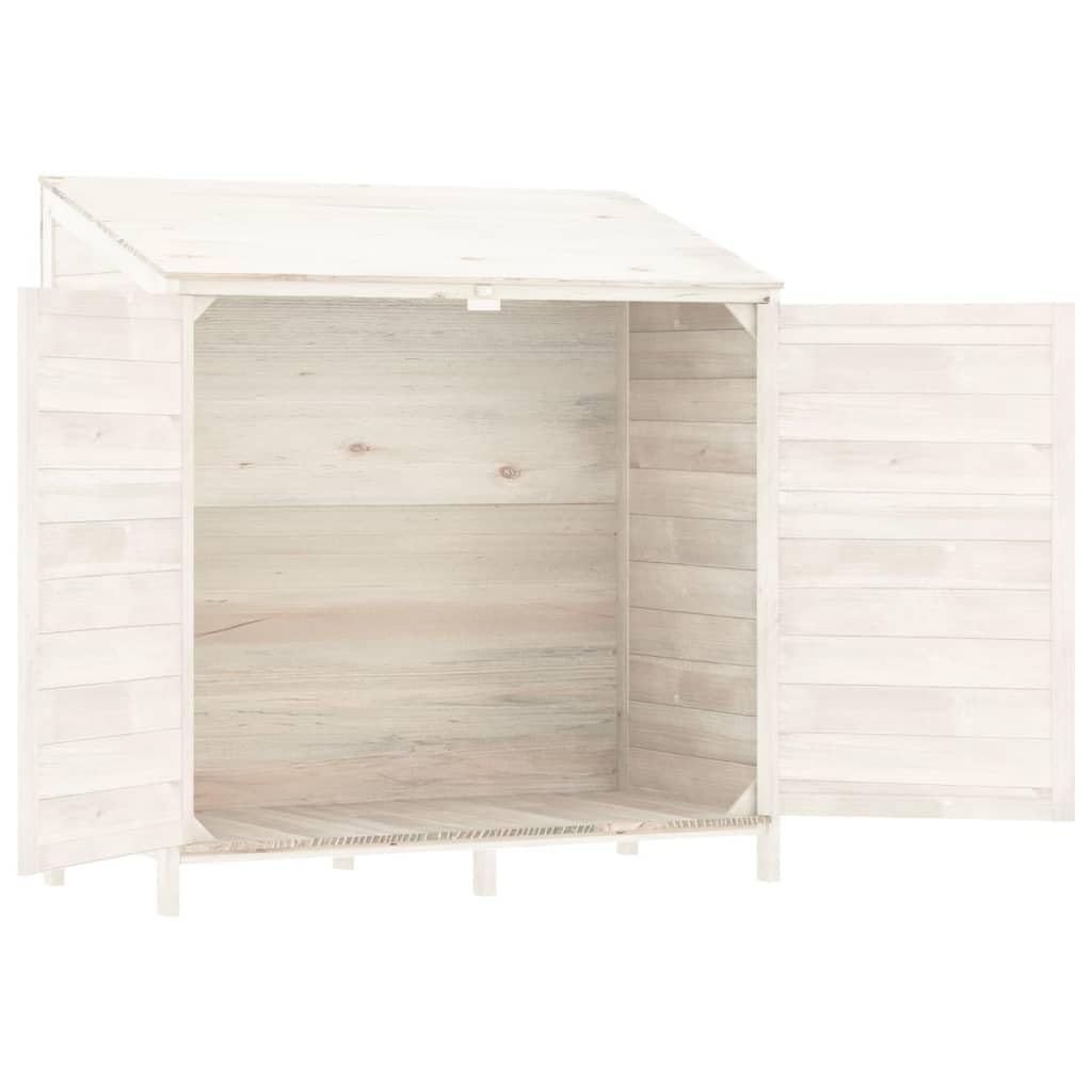 Szczyt ogrodowy z litego drewna jodłowego w kolorze białym, 102x52x112 cm, duża przestrzeń do przechowywania narzędzi ogrodowych i sprzętu zewnętrznego, solidna i stabilna rama