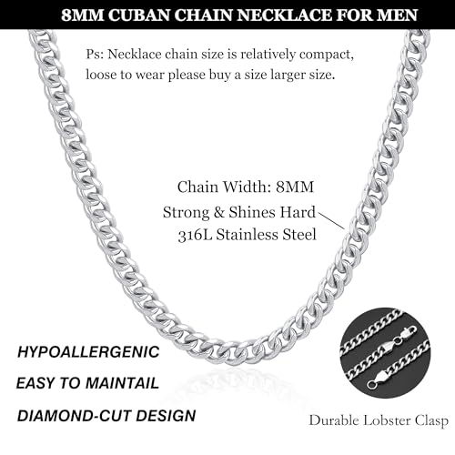 Silver Cuban Link Chain Necklace for Men Stainless Steel Chains for Men Women Miami Tone Diamond Cut Chain Necklaces Accessories Jewelry 4/6/10mm 18/20/22/24/26 Inch4