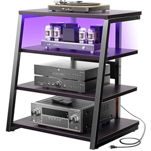 armocity 4-Tier AV Media Stand with Power Strips, Corner TV Stand with LED Lights, Rack Audio Tower with Adjustable Shelves, Corner Entertainment Center, 30”, Black Ebony