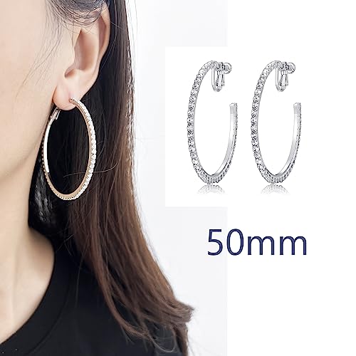 Laxpicol Fashion Sparkly Austrian Circle Hoop Earrings Clip On Earrings For Women Girls No Piercing Earrrings Silver Tone 1.96"*1.96" #TOP1