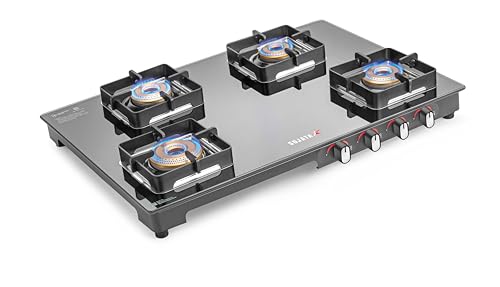 Image of Sujata Regal Manual Gas Stove 4 Burners Glass Top | 9 Years Warranty | Gas Stove with Jumbo Brass Burners | SABAF Technology | ISI Certified | LPG & PNG Compatible | 360 Rotating Brass Nozzle (Black)