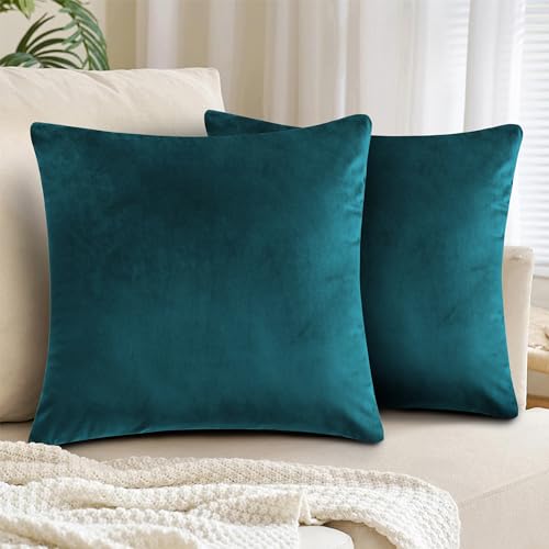 Hafaa Teal Velvet Cushion Covers 45 x 45 (Pack of 2) - Decorative Throw Pillow Covers - Square Pillowcases for Sofa Bedroom Couch, 18x18 Inches
