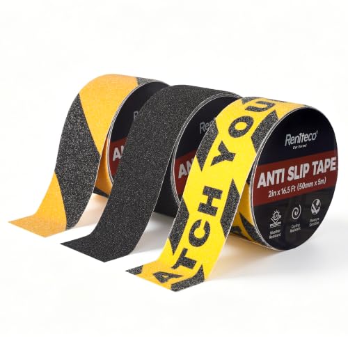 Image of Reniteco Anti Slip Tape 3PC, 2 inch x 16.5Ft Heavy Duty Grip Tape, High Adhesion & Waterproof, No Residue, for Outdoor Stairs, Tile, Shower - Extra Grip Safety Tape (Warning Strip, Black, Yellow /Black)