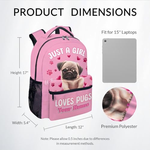 COZYAURA Personalized Backpack for Girls - 17 Inch Pug Backpack for Kids - Lightweight Dog Theme Bookbag for Dog Lovers - Pink School Bag for Elementary2