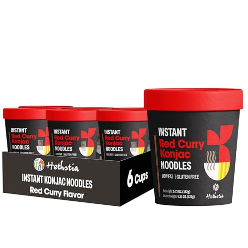 Hethstia Konjac Noodles Red Curry Cup – 6 Pack Low Carb Shirataki Angel Hair Pasta, Instant Shirataki Noodle Spicy Red Curry Broth, Gluten-Free, Keto, Low Fat, Low GI, Healthy Asian Meal