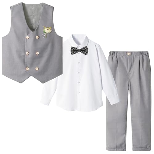Opiniones de Pantalones de traje para Niño los más recomendados. 41 LOLANTA - Traje formal de 4 piezas para niño, traje de soporte de anillo de boda, pantalones con camisa de vestir, pajarita para graduación de 2 a 13 años, Gris, 6-7 Años