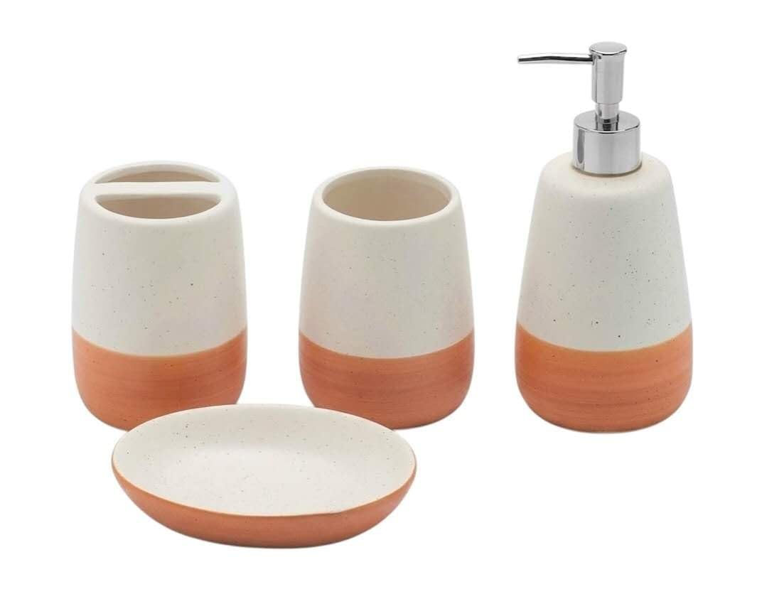 4 Piece Ceramic Bathroom Accessories Set, Speckled White and Terracotta