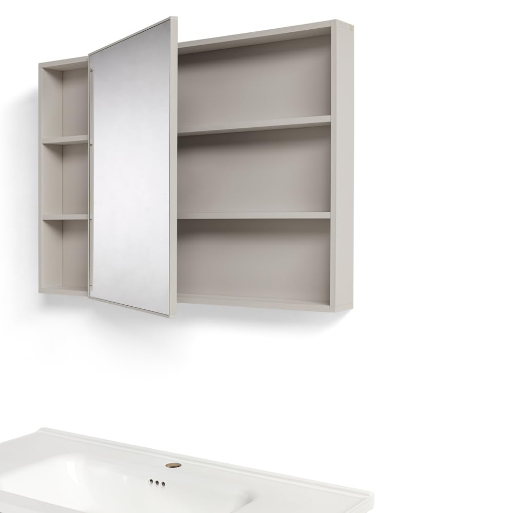 REDÒKASA Mobile Bagno Sospeso 100 cm GENZIANA in alluminio, con 2 cassetti e 1 anta, specchio contenitore a 1 anta, lavabo in ceramica (Cipria)