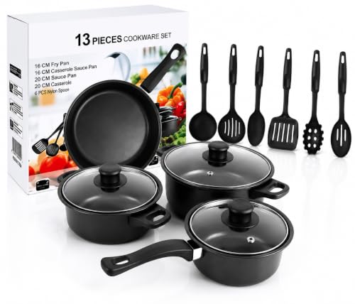 Image of 13pcs Non-Stick Iron Kitchen Cookware Set with Lids - Includes 1Pc Frying Pan, 2Pcs Casserole, 1Pc Sause Pan with 3 Lids & 6Pcs Ladle Set Induction Safe - Nylon Utensils - Beginner Cooking Set