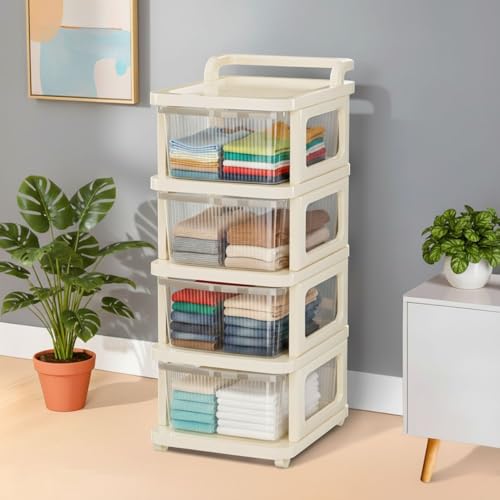 Image of Aliensware 4Layer Plastic Storage Drawer Organizer with Wheels, Modular Cabinet for Home, Office, School, Hospital, Parlor, Morden Kitchen,Clothes, Toys Organiser for Kids Room-Aliens-Clear Ivory