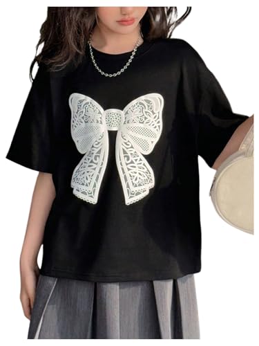 SHENHE Girl's Cute Bow Shirt Oversized Graphic Crew Neck Half Sleeve Summer Tee Top