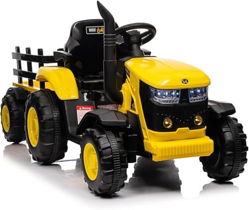 Tractor eléctrico infantil de 12 V con remolque extraíble, coche eléctrico infantil con mando a distancia, música, faros LED, bocina, 2 x 35 W motores, vehículo todoterreno para niños de 3 a 8 años