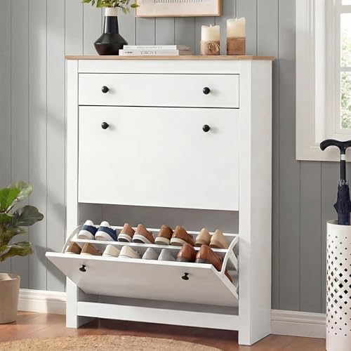 Blisswood Shoe Cabinet, Wooden Shoe Storage Unit with 2 Flip Drawers & 1 Open Drawer, Freestanding Shoe Rack Organiser, Adjustable Shelves Cupboard for Entryway Footwear Stand Hallway Furniture_White