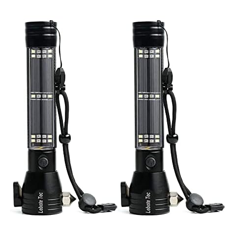 Lebote Car Flashlight Solar Power Tactical Flashlight Multi Function Flashlight Bright LED Emergency Torch Light with Safety Hammer Seat Belt Cutter Compass for Hiking Camping(2 PCS) Cover
