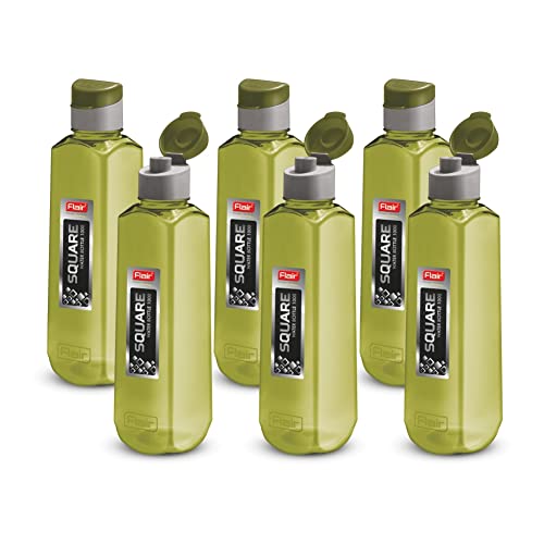 Image of Flair Square PET Water Bottles with Fliptop Lid Set of 6 Pcs 1000 ML (Green)