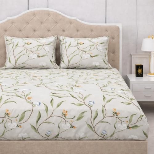 Image of 300 TC Cotton Feel Glace Cotton Elastic Fitted Bedsheet for King Size Double Bed | Fits up to 8 Inch Mattress | Printed Bedsheet with 2 Pillow Covers (White Leaf, Double Size - 72 inchx72 inch)
