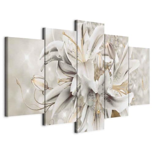 Cuadros B&D XXL - Cuadro en Lienzo Flores 200x100 cm 5 piezas - Impresión en material tejido no tejido cuadros decoracion salon modernos lienzos - blanco Naturaleza Azucena b-A-0305-b-n