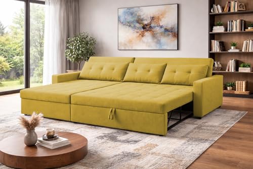 Image of Emilio 4 Seater LHS L - Shape Pull-Out Sofa Cum Bed Sofa for Living Room (Yellow Fabric Color) Premium Fabric Sofa Set for Living Room Sofa Cum Bed