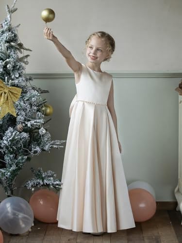 Satin Flower Girl Dresses for Wedding Floor Length Backless Princess Pageant Dress with Bow Pearls Proms Ball Gowns2