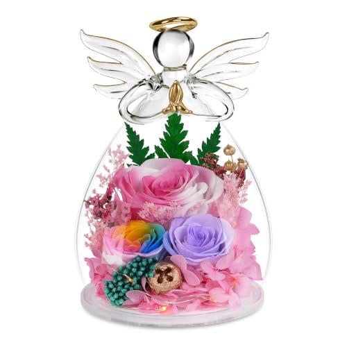 Image of encavy Birthday Gifts for Women,Fresh Flowers for Delivery,Preserved Rose Flowers in Angel Figurines,Light Up Angel Real Rainbow Roses for Mom Grandma Wife Her Girlfriend Anniversary