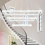 Finktonglan 31.4 inch Modern Crystal Chandelier, 3 Rectangular LED Rings Chandeliers Pendant Ceiling Light for Dining Room Kitchen Island Stair Well (6000K Cool White)