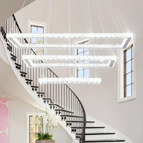 Finktonglan 31.4 inch Modern Crystal Chandelier, 3 Rectangular LED Rings Chandeliers Pendant Ceiling Light for Dining Room Kitchen Island Stair Well (6000K Cool White) by Finktonglan - Used condition - CA$116.84