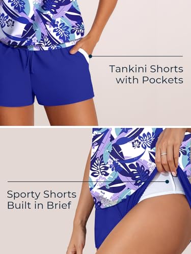 Image of Summer Mae Blouson Women's Tankini Swimsuits Tummy Control Modest 2026 Two Piece with Sporty Pockets Bathing Suits Blue Palm Leaves Large