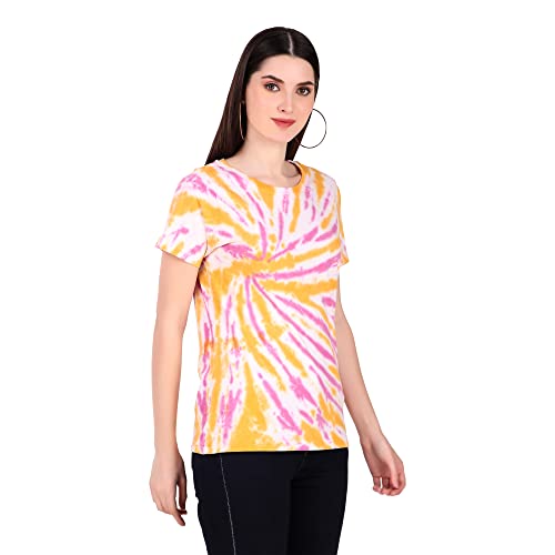 Image of Stories.Label Women's Tie Dye Printed Cotton Tshirt in Ribbed Neck, Regular Fit Half Sleeves Tops for Girls Stylish (Size S - 5XL)