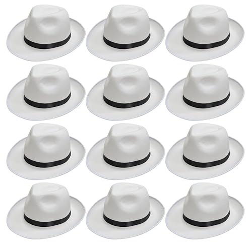 Lot de 12 chapeaux de gangster – Chapeau trilby blanc avec bande noire – Accessoires de déguisement de détective de mafia des années 1920 et 1940 –...