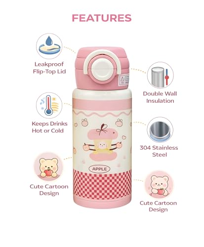 Image of Kids Stainless Steel Insulated Water Bottle with Double Lid & Dual Straw - 500ml Vacuum Flask, Portable Leak Resistant School Travel Drink Bottle for Children Pink