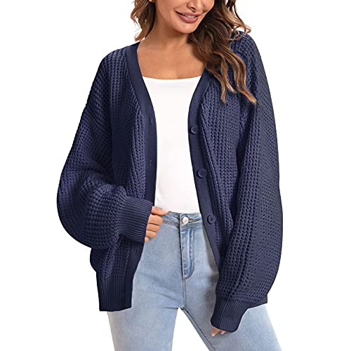 wenyujh Cardigan en tricot pour femme - Cardigan - En grosse maille - Élégant - Manches longues - Automne - Hiver - Cardigan ouvert à l'avant - Veste - Tops Outwear Cover Up avec bouton - Bleu - M Cover