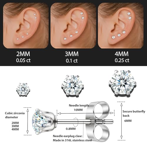 10 Pairs Small Stud Earrings for Women – Hypoallergenic Stainless Steel Tiny Earrings for Sensitive Ears, Cubic Zirconia Simulated Diamond Stud Earrings3