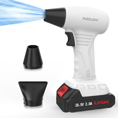 ADDCOLOR Soffiatore portatile per foglie senza fili, con batteria da 18,5 V 2,0 Ah e caricabatterie, soffiatore elettrico per polvere, neve, cura del prato, patio, bianco