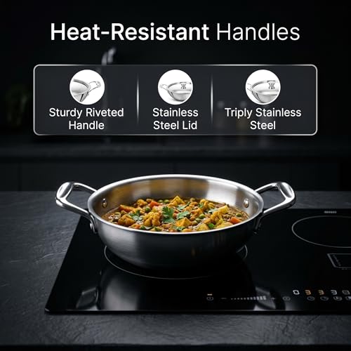 Image of AGARO Regency 28 cm Triply Stainless Steel Kadai with Lid, 4L, Induction & Gas Compatible, Even Heat, Non-Toxic, no Chemical Coating, Dishwasher Safe cookware for Kitchen, Ideal for Frying & Gravy
