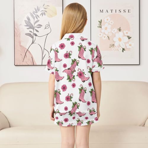 Satin Pajama Sets Short Sleeve Cowboy Boots Floral Background Button Down Silky Nightwear 2 Piece PJS 5-14Y4