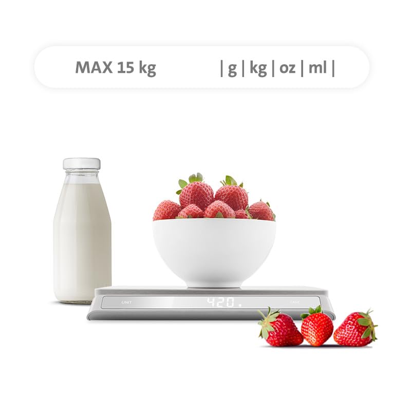 ETA Grande digitale Küchenwaage I 15kg I Grammwaage mit 1g Teilung I Edelstahl Feinwaage mit Tara-Funktion I Haushaltswaage mit LED-Display & Touch-Bedienung I Backwaage inkl. Batterien