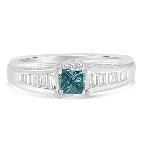18K White Gold Treated Blue Princess, Round and Baguette Diamond Ring