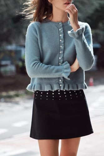 Women Crewneck Button Up Cropped Cardigan Sweaters Y2k Frilly Ruffle Knit Open Front Long Sleeve Knitwear Shirts4