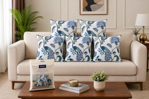 Image of Cotton Cushion Covers 16x16 Inch - Hand Block Floral Print Pillow Covers for Sofa, Couch & Bedroom (Pack of 5) (Blue Green)